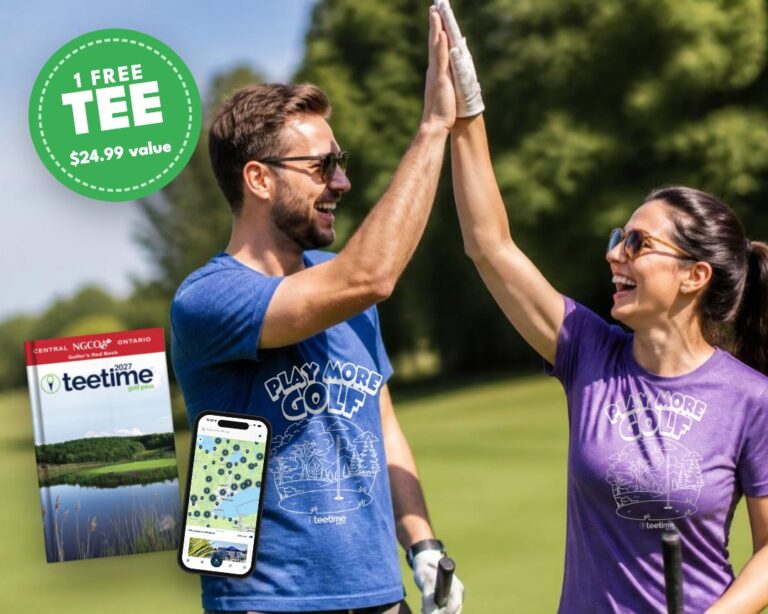 Two golfers in Play More Golf tees giving each other a high five, with the 2027 TeeTime Golf Pass book, app and a 1 free tee badge